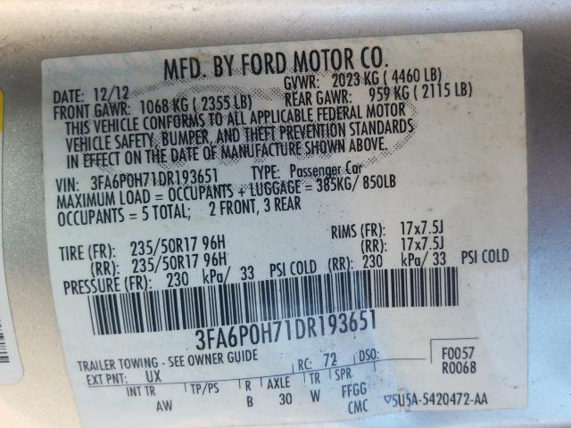 Photo 9 VIN: 3FA6P0H71DR193651 - FORD FUSION SE 