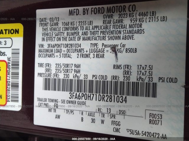 Photo 8 VIN: 3FA6P0H71DR281034 - FORD FUSION 