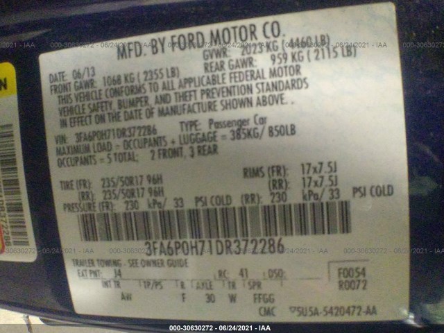 Photo 8 VIN: 3FA6P0H71DR372286 - FORD FUSION 