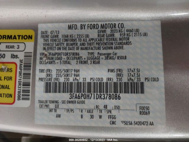 Photo 8 VIN: 3FA6P0H71DR378086 - FORD FUSION SE 