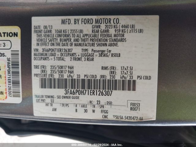 Photo 8 VIN: 3FA6P0H71ER126307 - FORD FUSION 