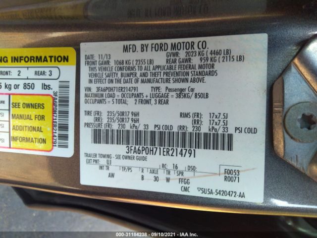 Photo 8 VIN: 3FA6P0H71ER214791 - FORD FUSION 