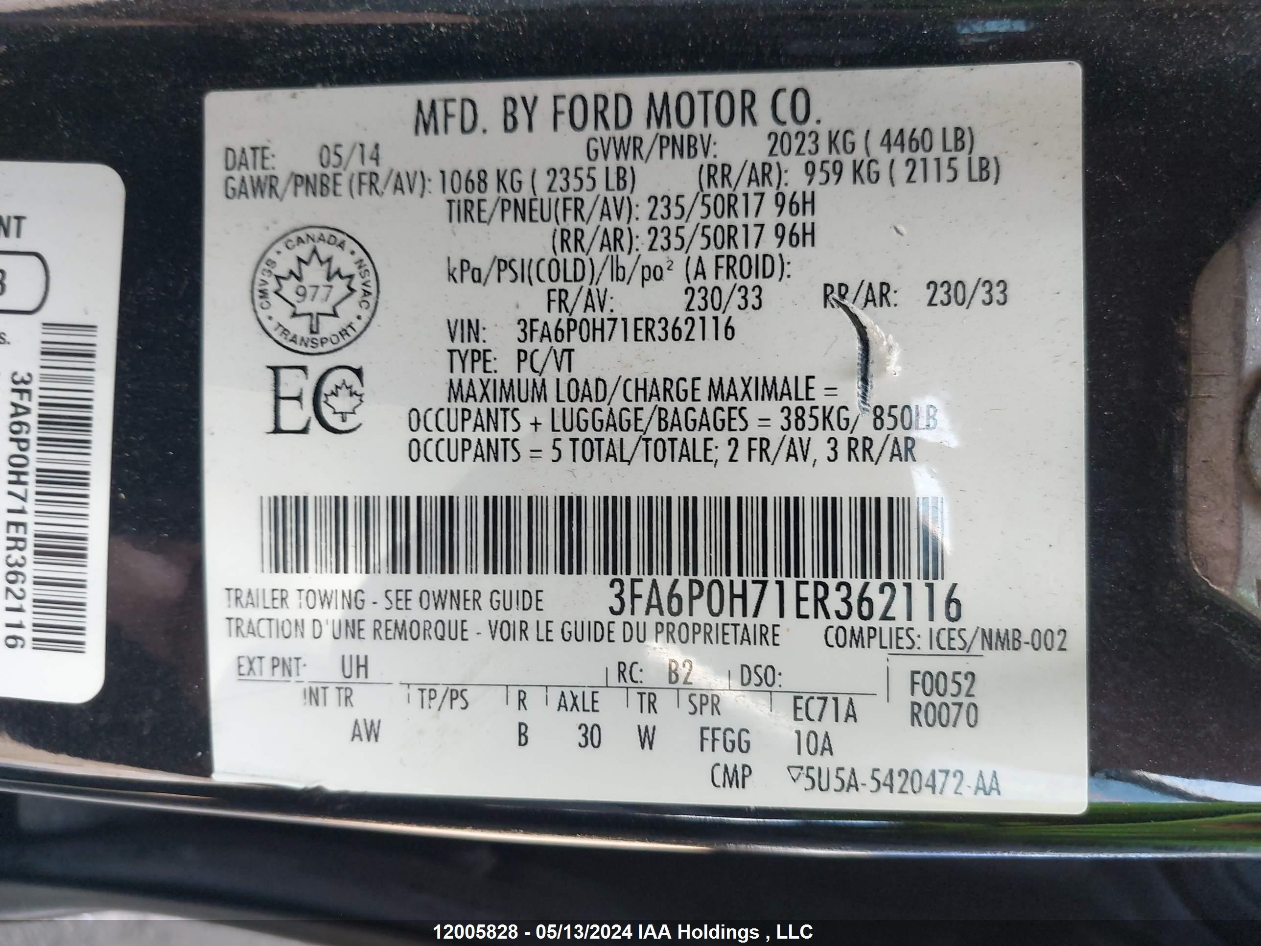 Photo 8 VIN: 3FA6P0H71ER362116 - FORD FUSION 