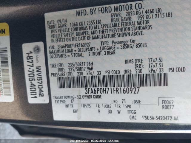 Photo 8 VIN: 3FA6P0H71FR160927 - FORD FUSION 