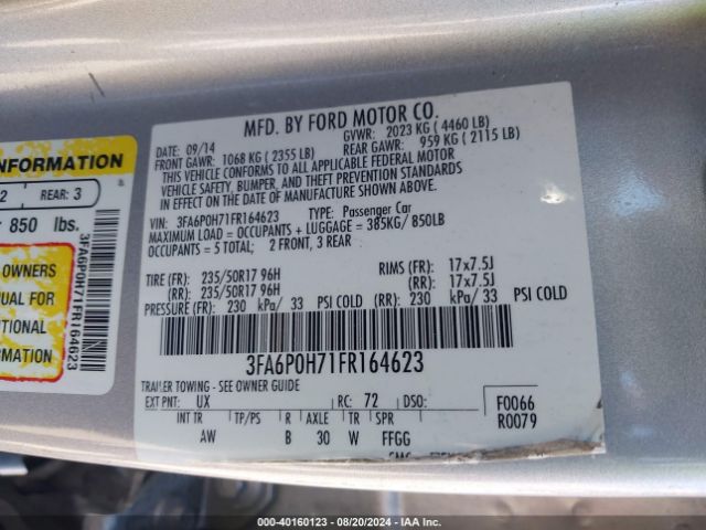 Photo 8 VIN: 3FA6P0H71FR164623 - FORD FUSION 