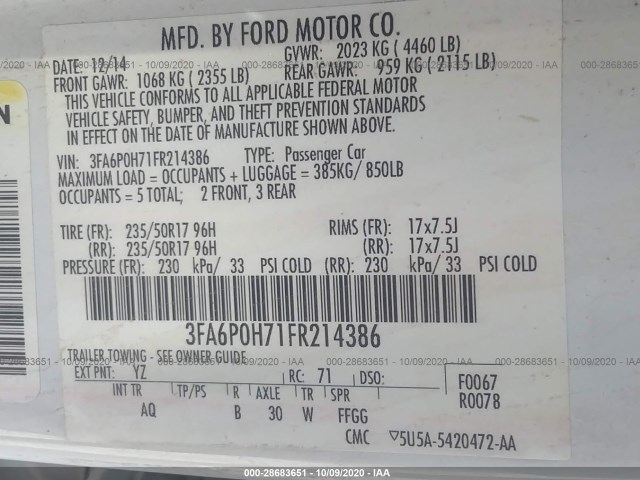 Photo 8 VIN: 3FA6P0H71FR214386 - FORD FUSION 