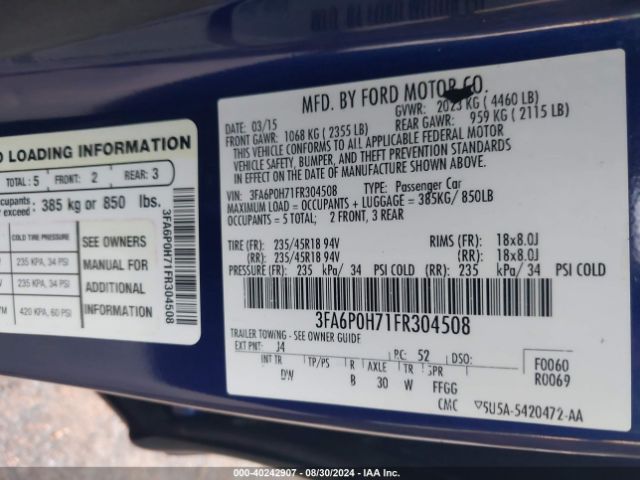 Photo 8 VIN: 3FA6P0H71FR304508 - FORD FUSION 