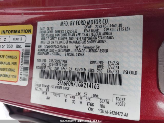 Photo 8 VIN: 3FA6P0H71GR214163 - FORD FUSION 