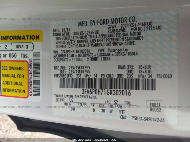 Photo 8 VIN: 3FA6P0H71GR302016 - FORD FUSION 