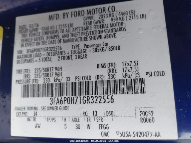 Photo 8 VIN: 3FA6P0H71GR322556 - FORD FUSION 