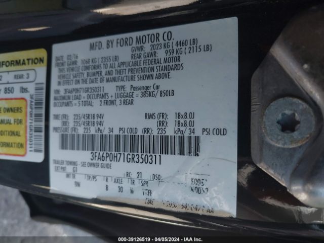 Photo 8 VIN: 3FA6P0H71GR350311 - FORD FUSION 