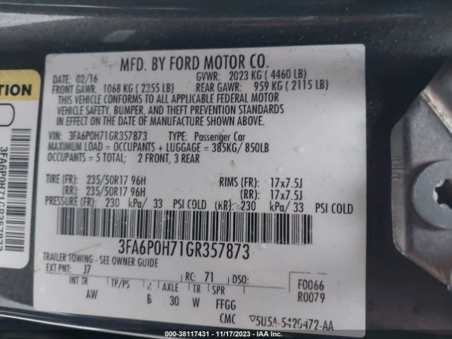 Photo 8 VIN: 3FA6P0H71GR357873 - FORD FUSION 