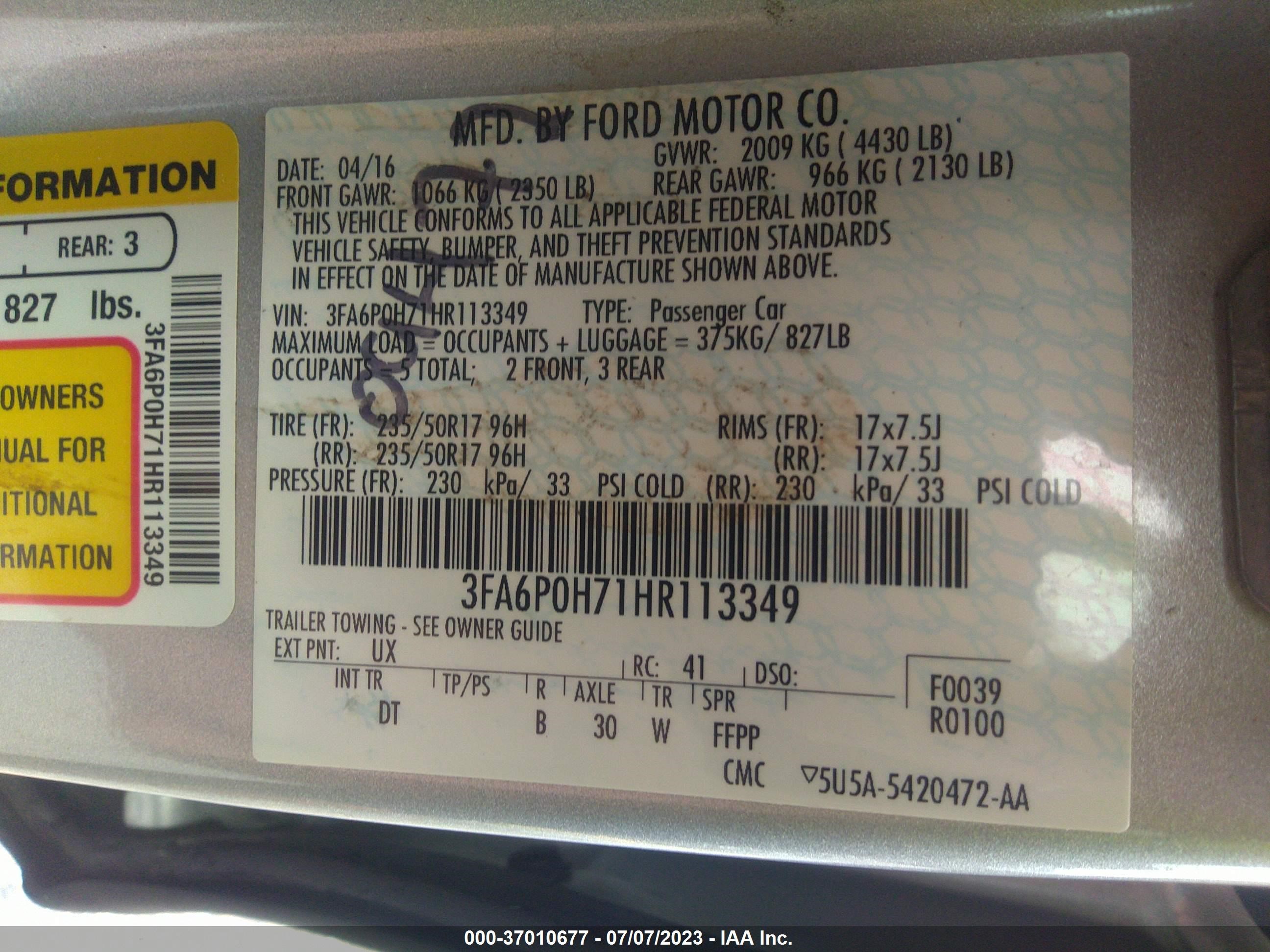 Photo 8 VIN: 3FA6P0H71HR113349 - FORD FUSION 