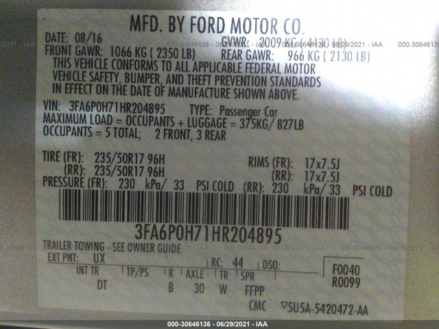 Photo 8 VIN: 3FA6P0H71HR204895 - FORD FUSION 