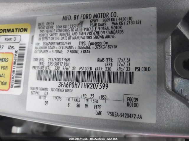 Photo 8 VIN: 3FA6P0H71HR207599 - FORD FUSION 