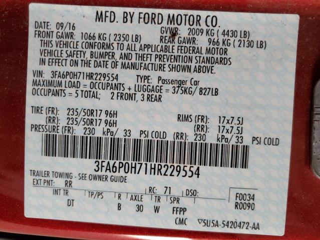 Photo 11 VIN: 3FA6P0H71HR229554 - FORD FUSION SE 