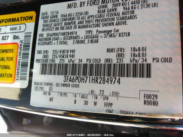 Photo 8 VIN: 3FA6P0H71HR284974 - FORD FUSION 