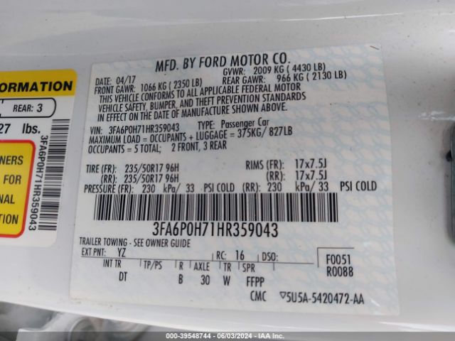 Photo 8 VIN: 3FA6P0H71HR359043 - FORD FUSION 