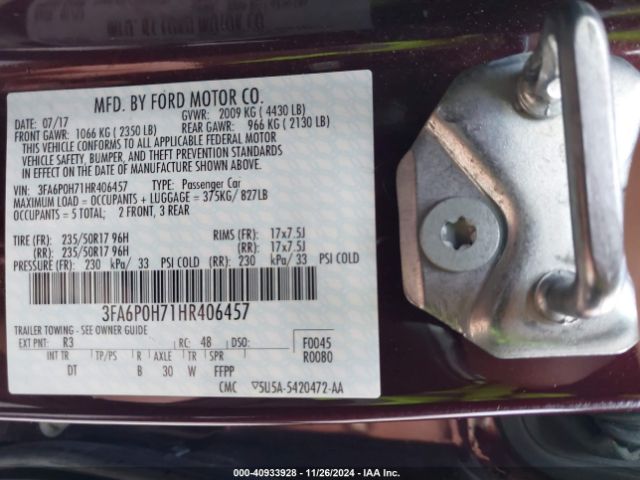 Photo 8 VIN: 3FA6P0H71HR406457 - FORD FUSION 