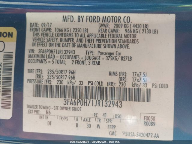 Photo 8 VIN: 3FA6P0H71JR132943 - FORD FUSION 