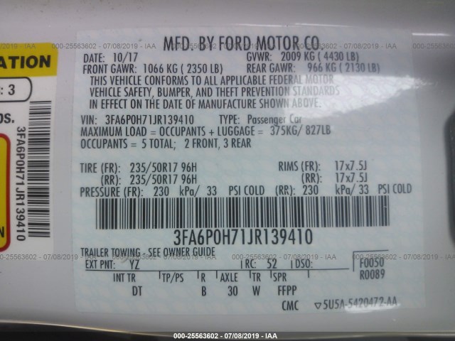 Photo 8 VIN: 3FA6P0H71JR139410 - FORD FUSION 