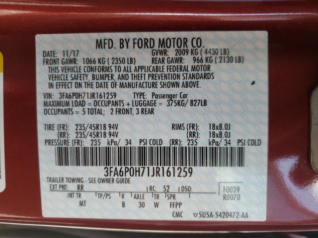 Photo 9 VIN: 3FA6P0H71JR161259 - FORD FUSION 