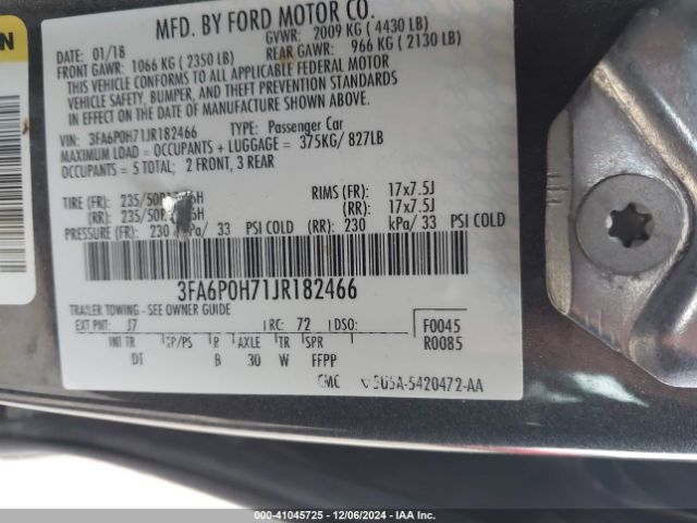 Photo 8 VIN: 3FA6P0H71JR182466 - FORD FUSION 