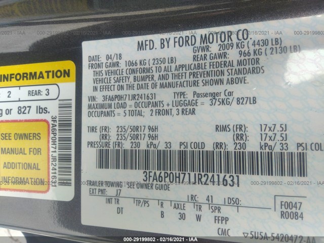 Photo 8 VIN: 3FA6P0H71JR241631 - FORD FUSION 