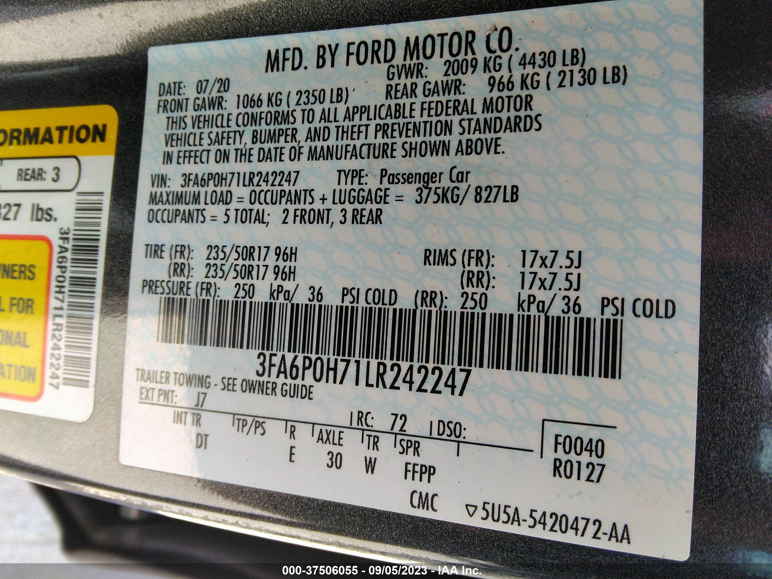 Photo 8 VIN: 3FA6P0H71LR242247 - FORD FUSION 