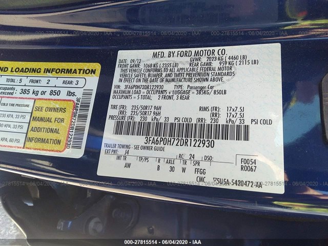 Photo 8 VIN: 3FA6P0H72DR122930 - FORD FUSION 