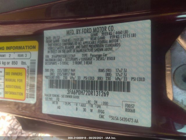 Photo 8 VIN: 3FA6P0H72DR131269 - FORD FUSION 