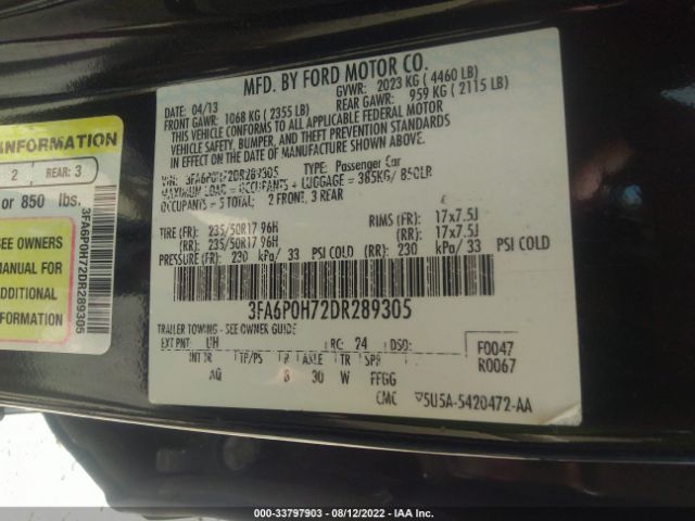 Photo 8 VIN: 3FA6P0H72DR289305 - FORD FUSION 