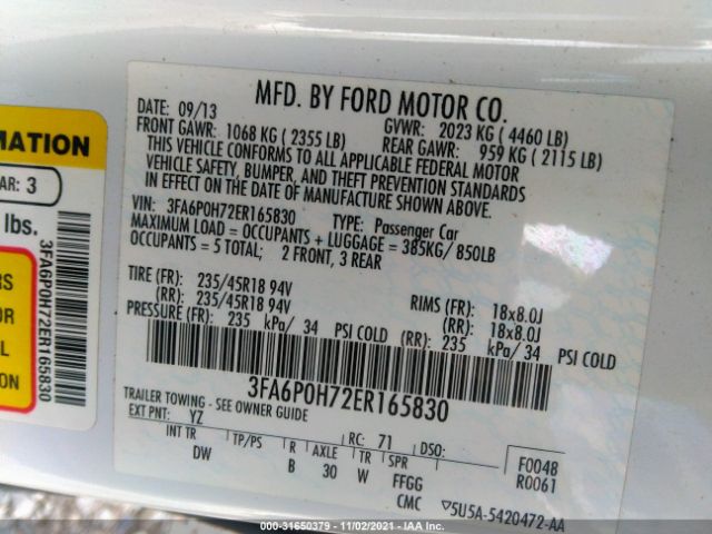 Photo 8 VIN: 3FA6P0H72ER165830 - FORD FUSION 