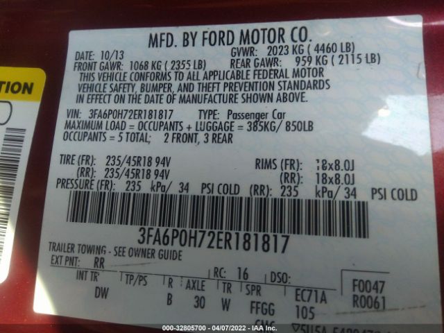 Photo 8 VIN: 3FA6P0H72ER181817 - FORD FUSION 