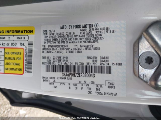 Photo 8 VIN: 3FA6P0H72ER380043 - FORD FUSION 