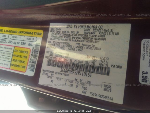 Photo 8 VIN: 3FA6P0H72FR110151 - FORD FUSION 