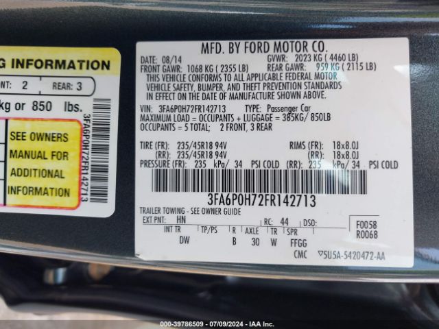 Photo 8 VIN: 3FA6P0H72FR142713 - FORD FUSION 