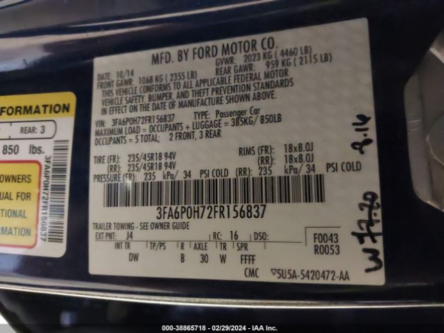 Photo 8 VIN: 3FA6P0H72FR156837 - FORD FUSION 