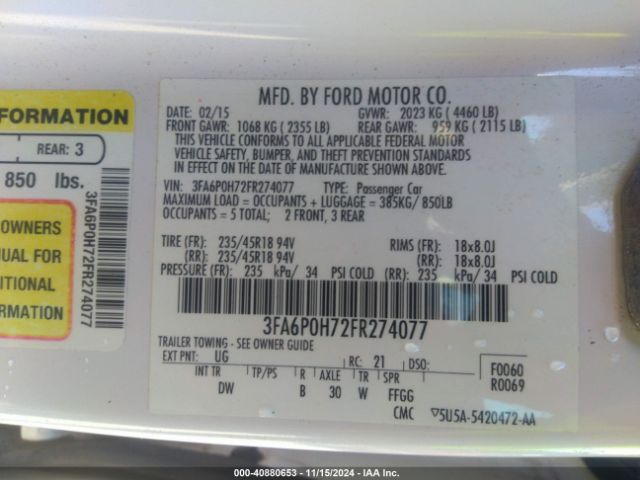 Photo 8 VIN: 3FA6P0H72FR274077 - FORD FUSION 