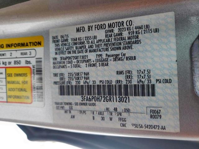 Photo 9 VIN: 3FA6P0H72GR113021 - FORD FUSION SE 