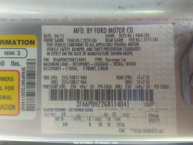 Photo 8 VIN: 3FA6P0H72GR114041 - FORD FUSION 