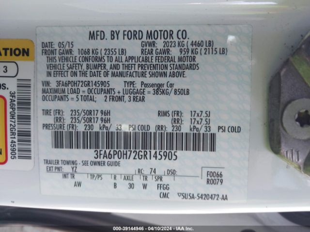 Photo 8 VIN: 3FA6P0H72GR145905 - FORD FUSION 