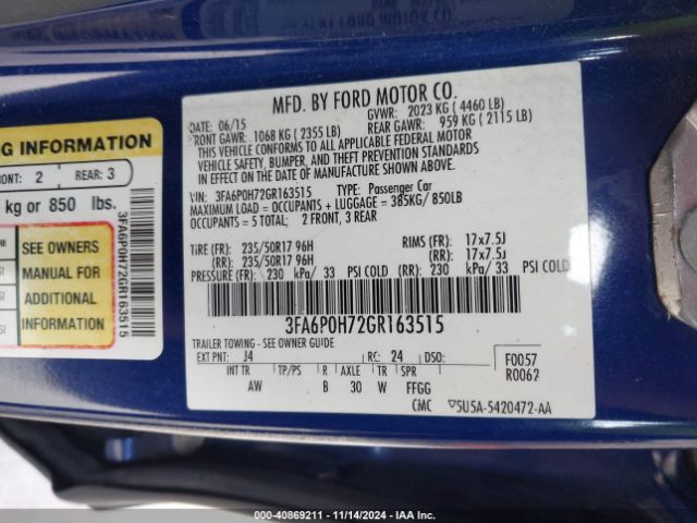 Photo 8 VIN: 3FA6P0H72GR163515 - FORD FUSION 