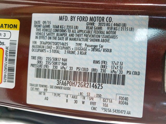 Photo 9 VIN: 3FA6P0H72GR214625 - FORD FUSION SE 