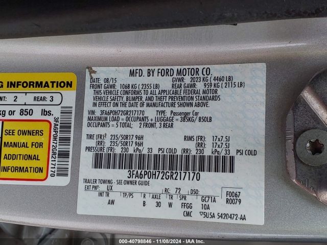 Photo 8 VIN: 3FA6P0H72GR217170 - FORD FUSION 