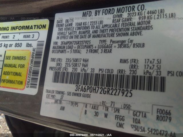 Photo 8 VIN: 3FA6P0H72GR227925 - FORD FUSION 