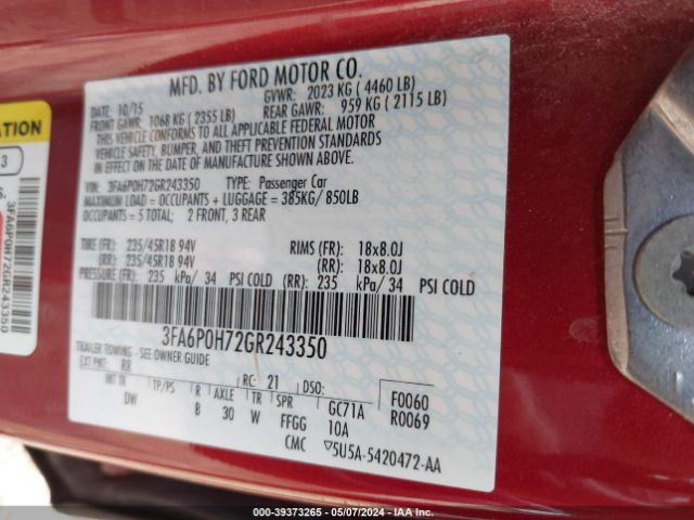 Photo 8 VIN: 3FA6P0H72GR243350 - FORD FUSION 