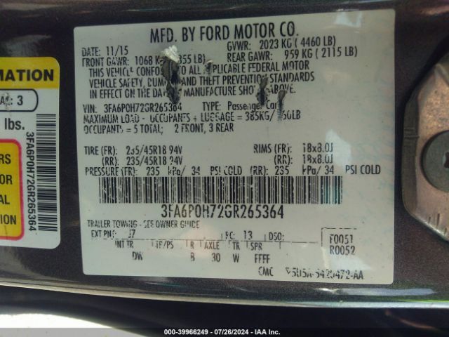 Photo 8 VIN: 3FA6P0H72GR265364 - FORD FUSION 