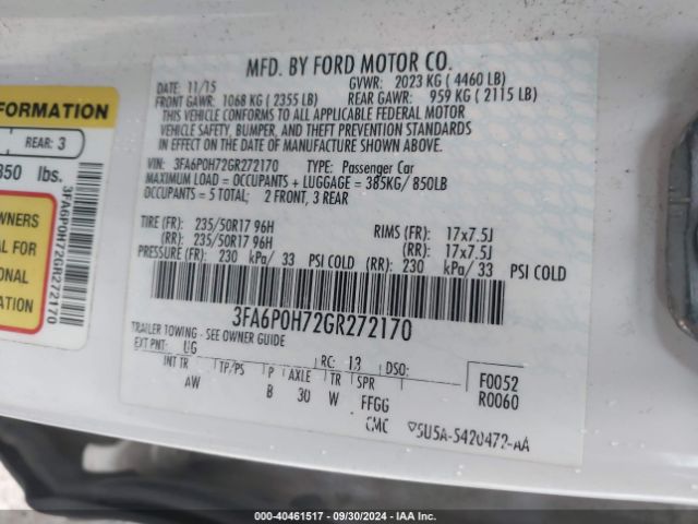 Photo 8 VIN: 3FA6P0H72GR272170 - FORD FUSION 