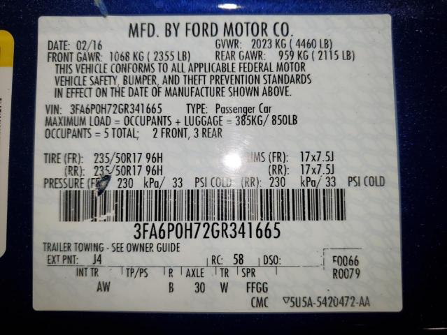 Photo 12 VIN: 3FA6P0H72GR341665 - FORD FUSION SE 